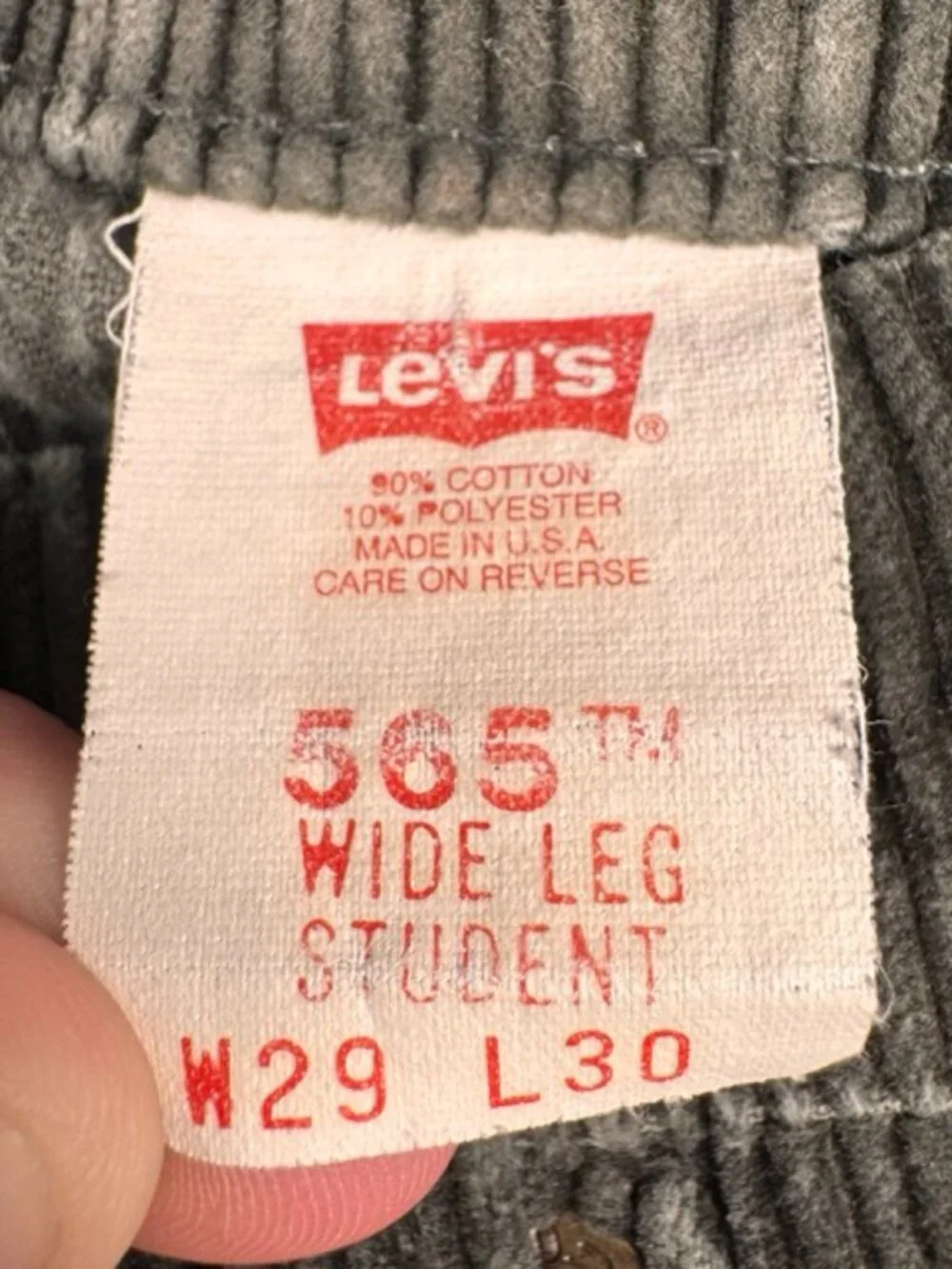 Vintage Levis 565 Student Wide Leg Corduroy Pant Gray 29x30 Made in USA 1997